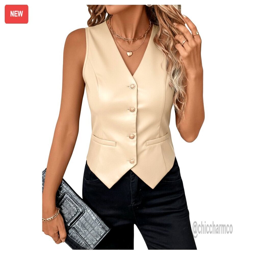 PU Leather V-Neck Sleeveless Vest, Button Down Waistcoat, Women's Sizes XS-XL